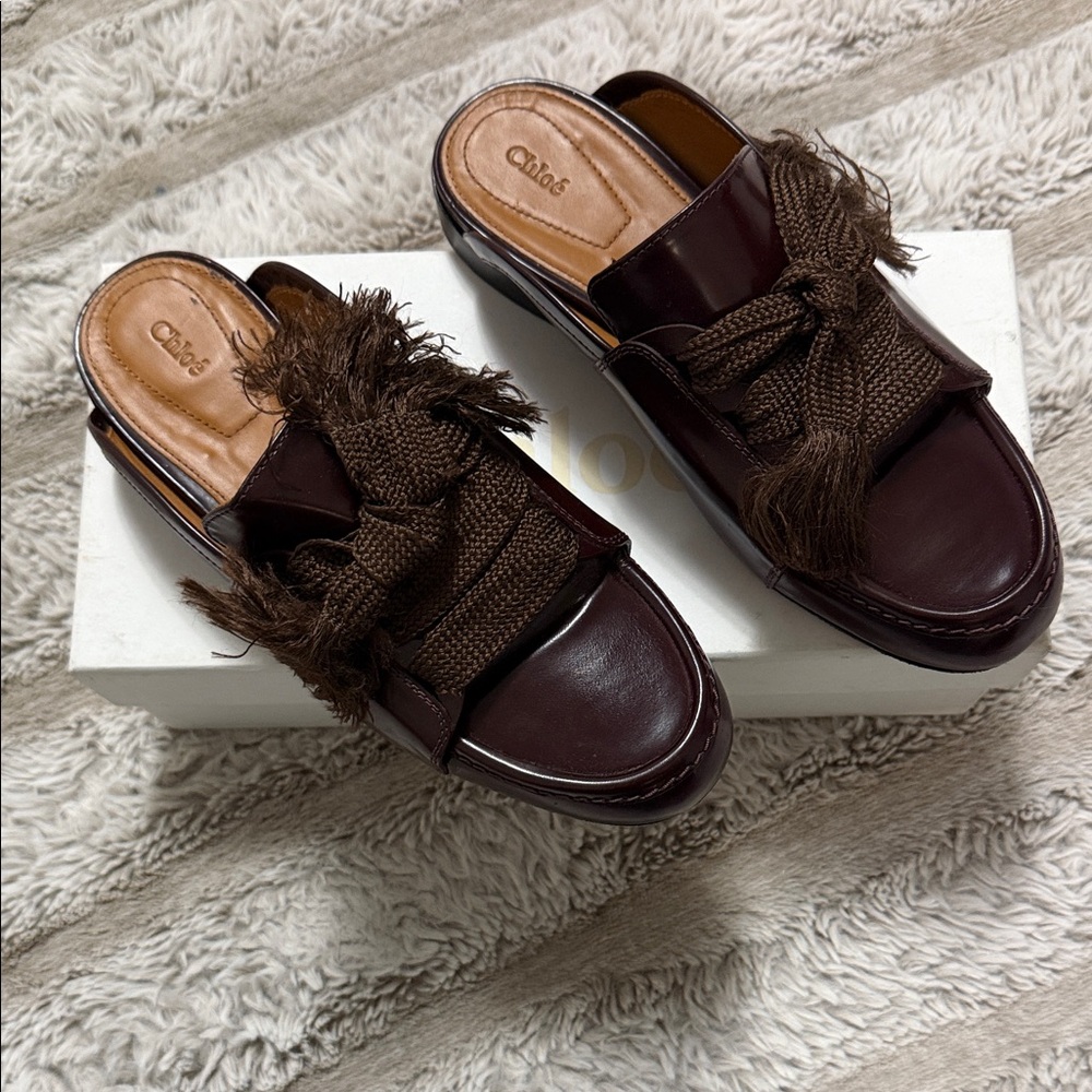 Chloe Dark Brown Leather Mules with Fringe Detail